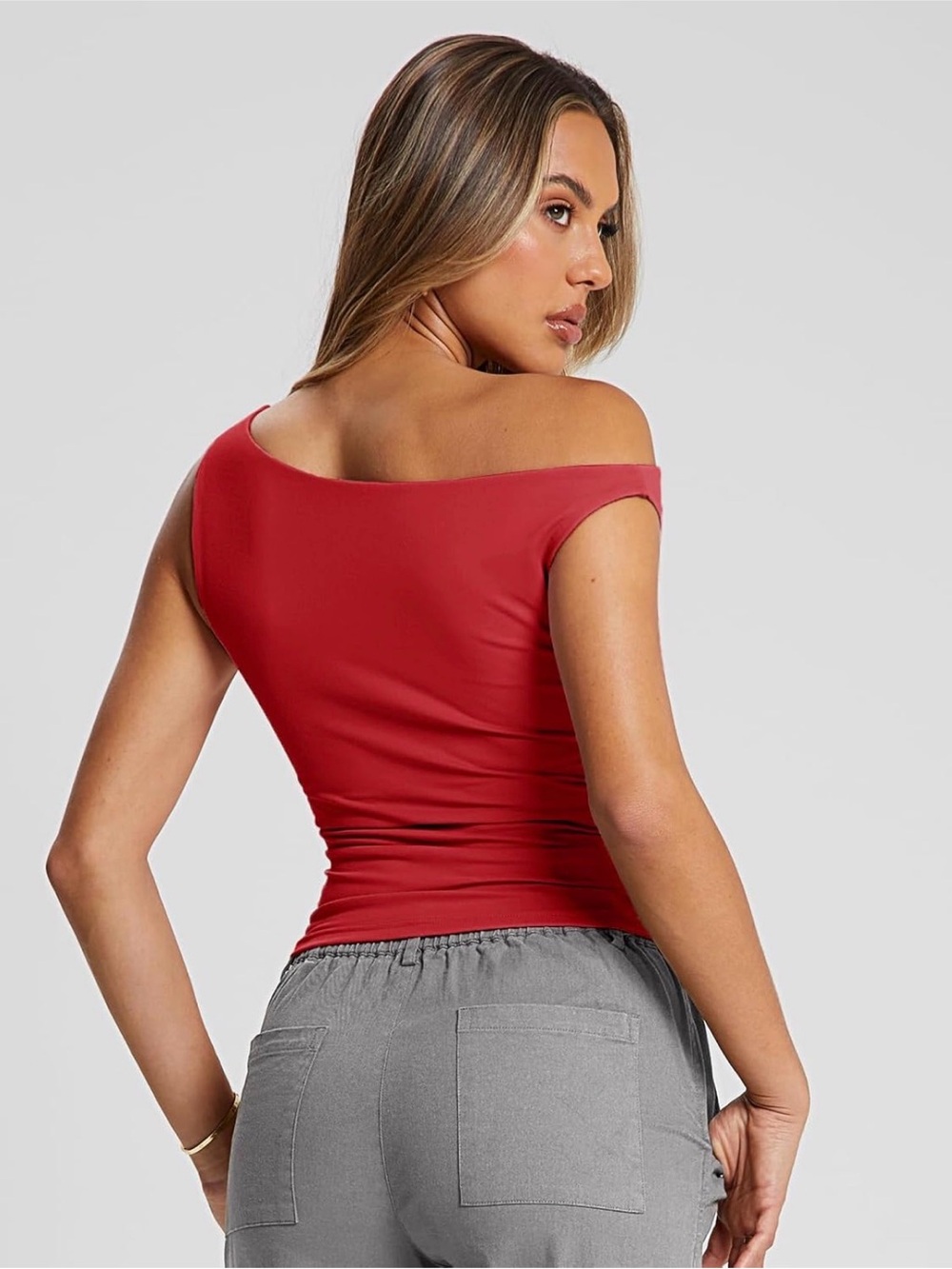 Amazon One-Shoulder Red Ruched Crop Top - Picture 2 of 3